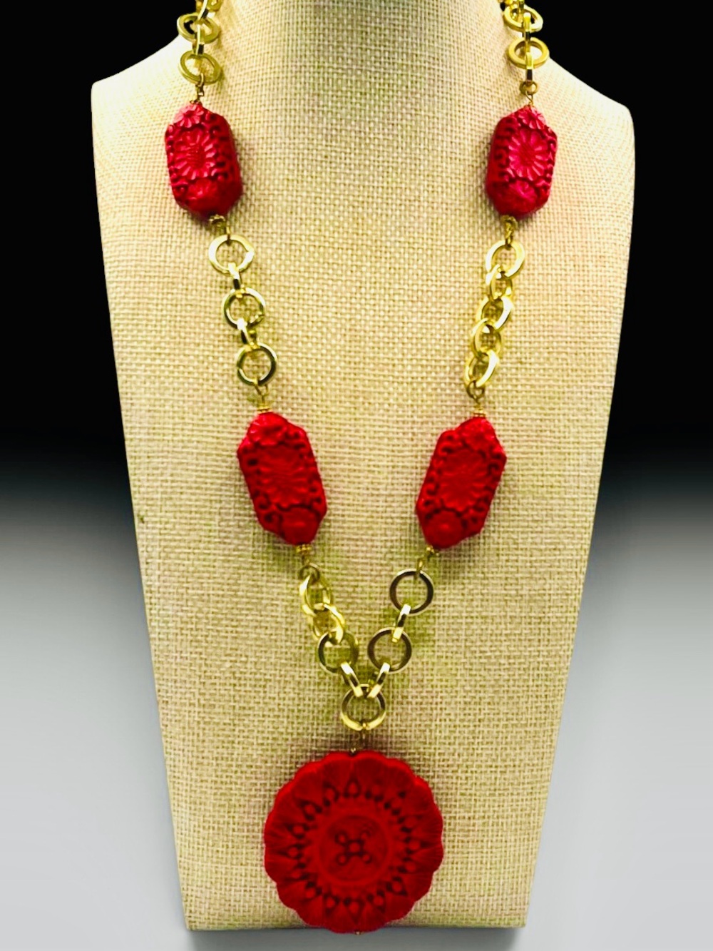 Vintage Carved Red Cinnabar Gold Floral Statement Pendant Necklace